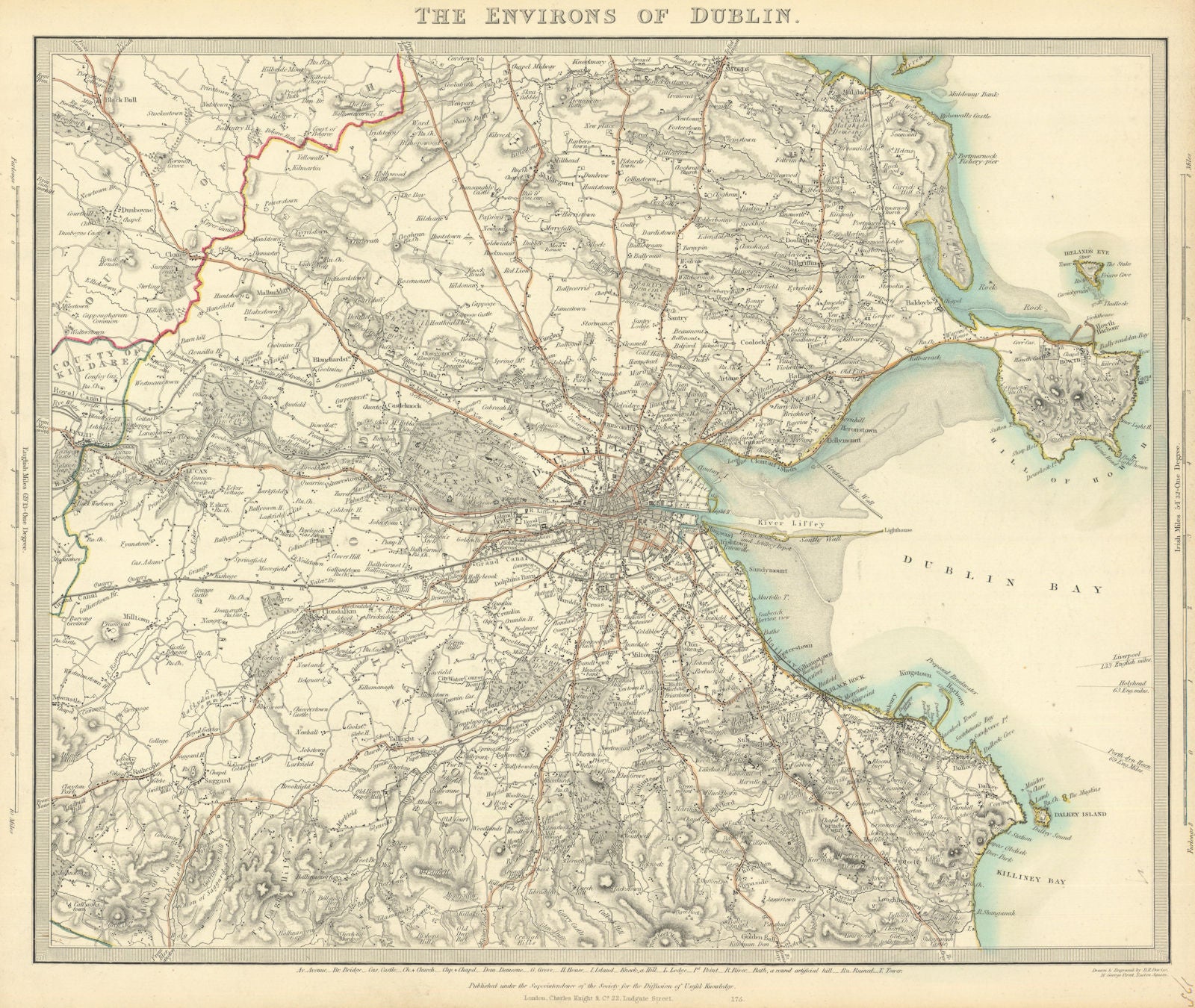 IRELAND. The environs of Dublin. Original hand colour. SDUK 1847 old map